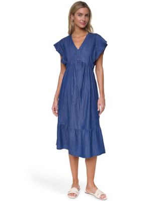 Women's Cotton-Blend V-Neck Chambray Dress