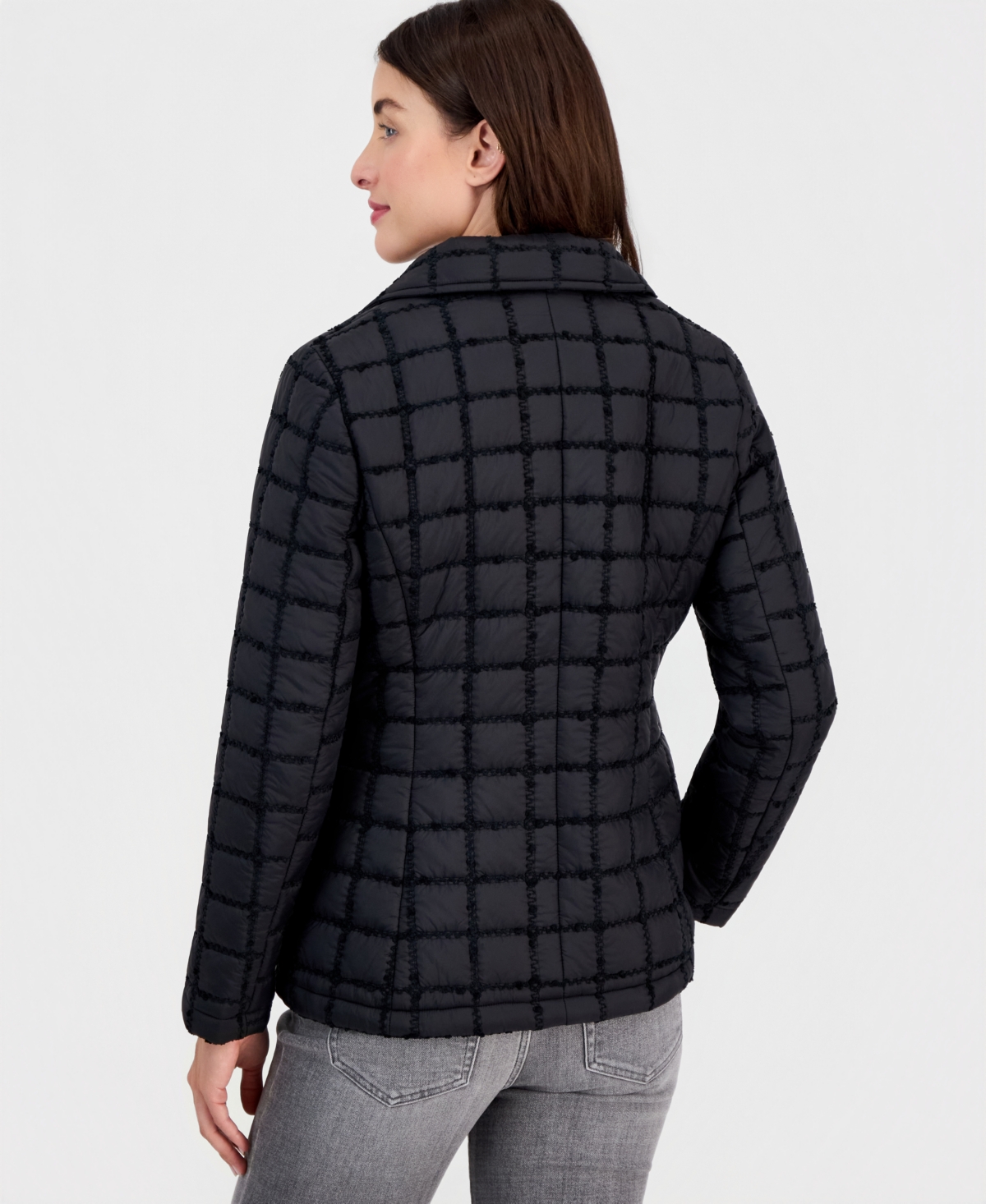 CeCe Women's Short Boucle Windowpane Quilted Coat