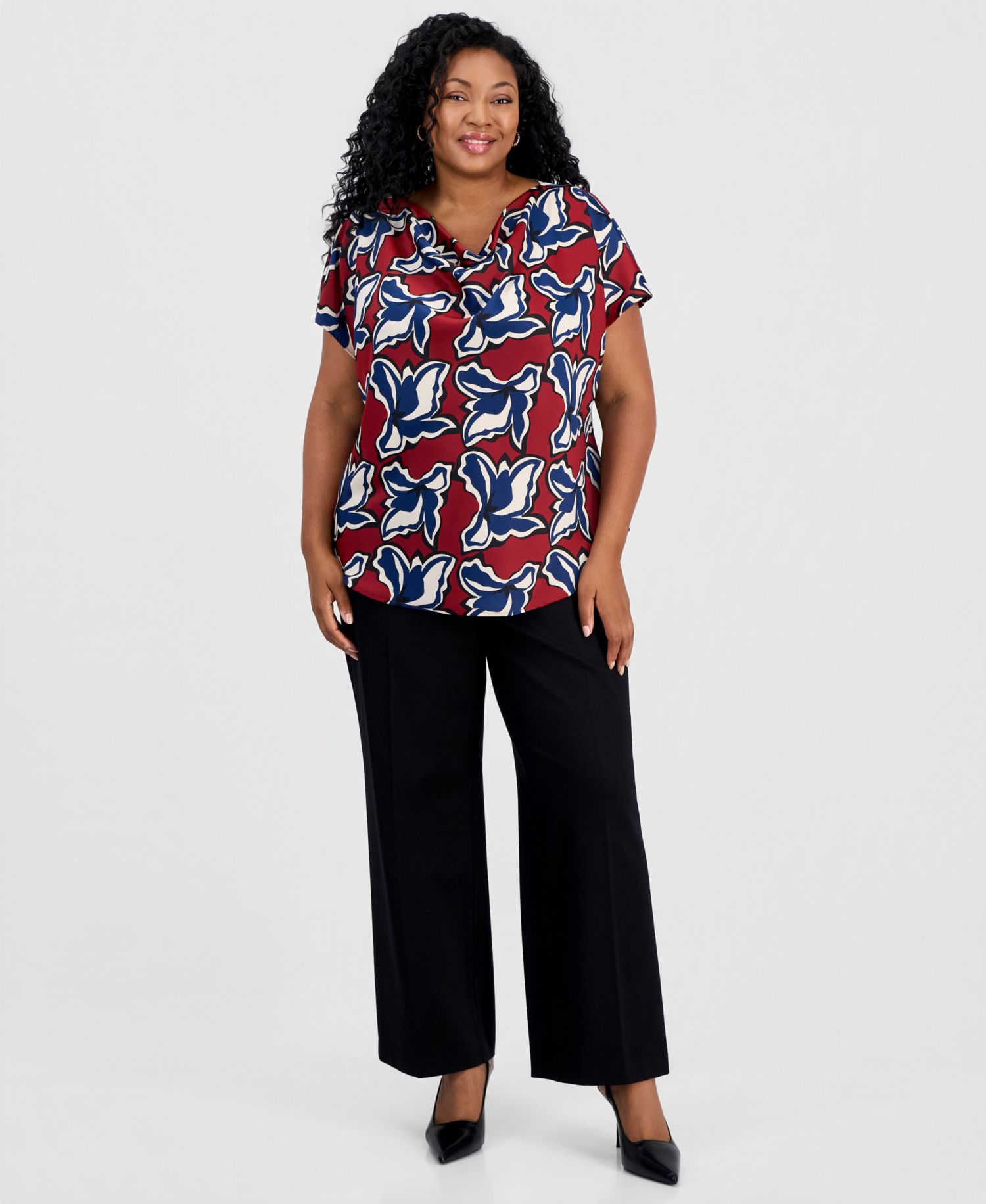 Plus Size Floral-Print Cowl-Neck Blouse