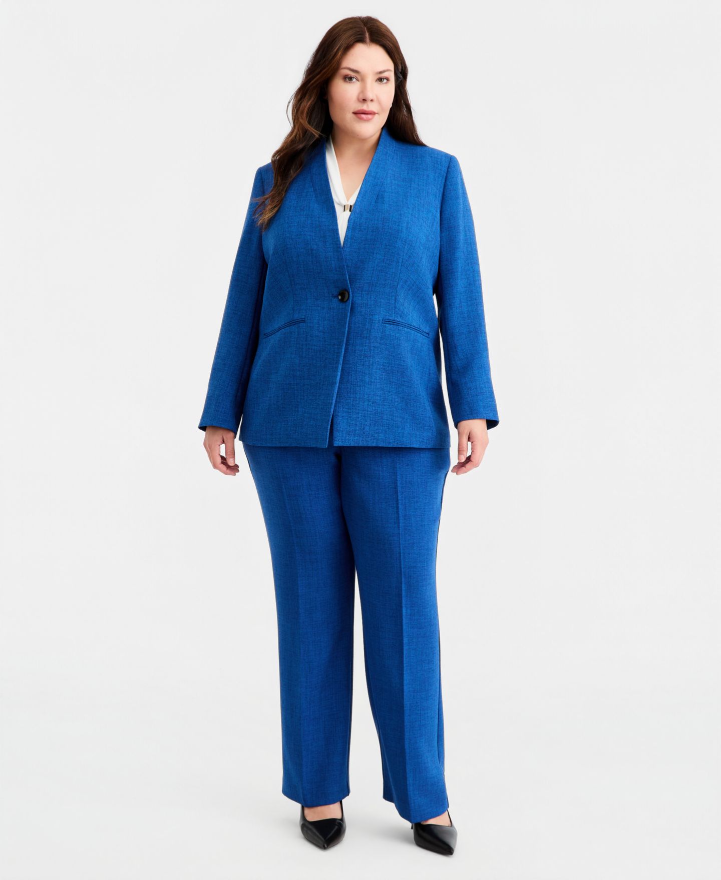 Женский пиджак Kasper Plus Size Collarless One-Button Blazer, цвет: Синий ночной меланжевый — фото 2