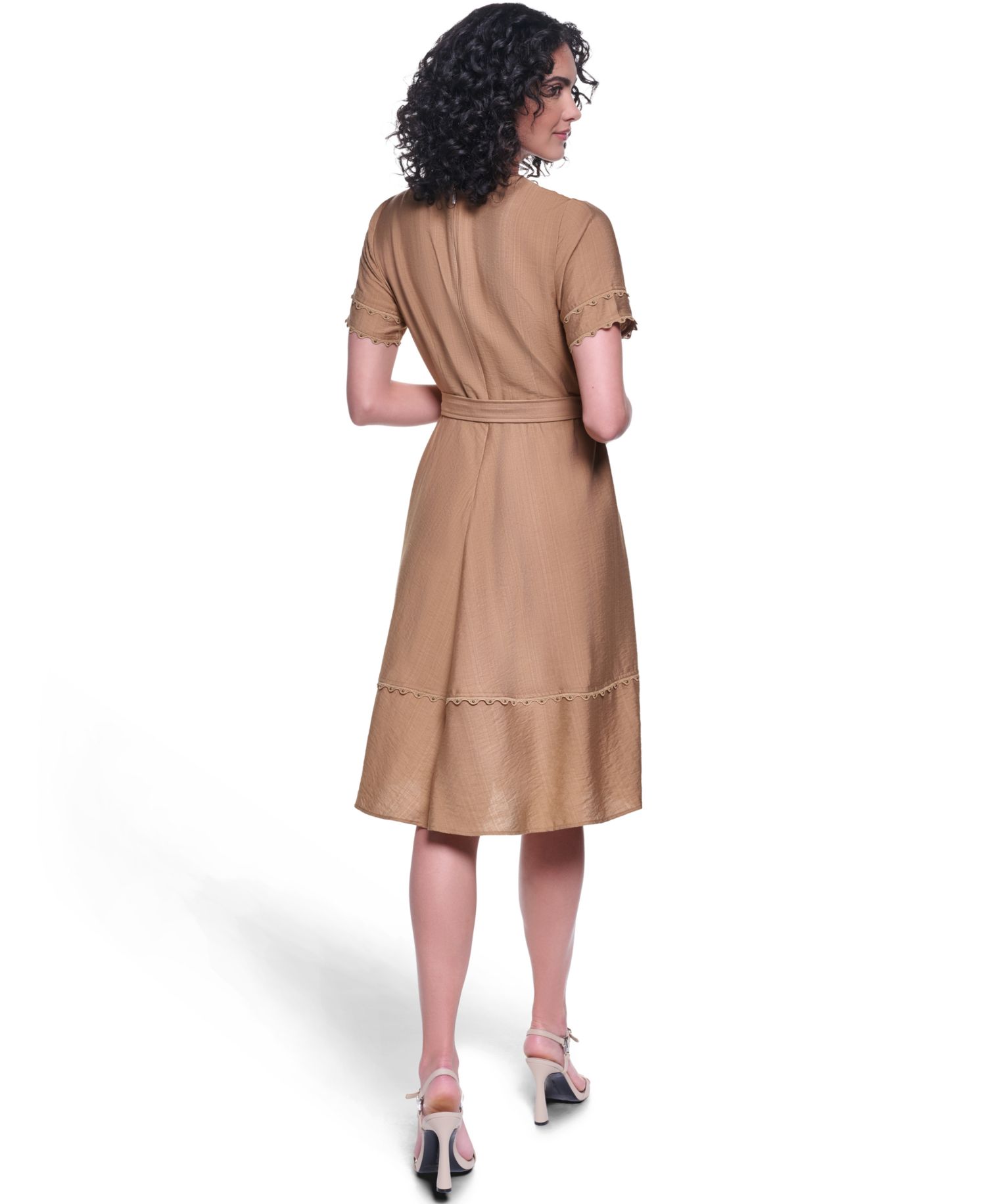 Women's Belted Nailhead Trim V-Neck Dress
