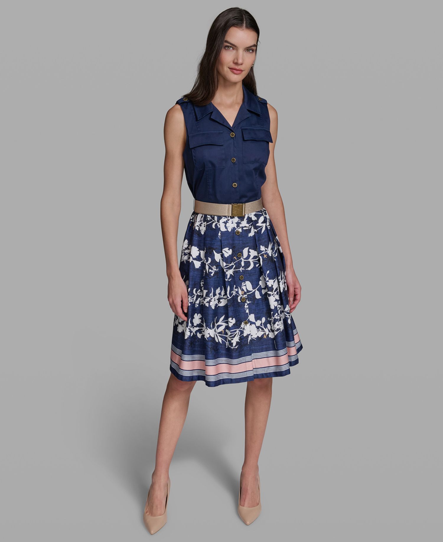 Petite Collared Neck Belted Dress