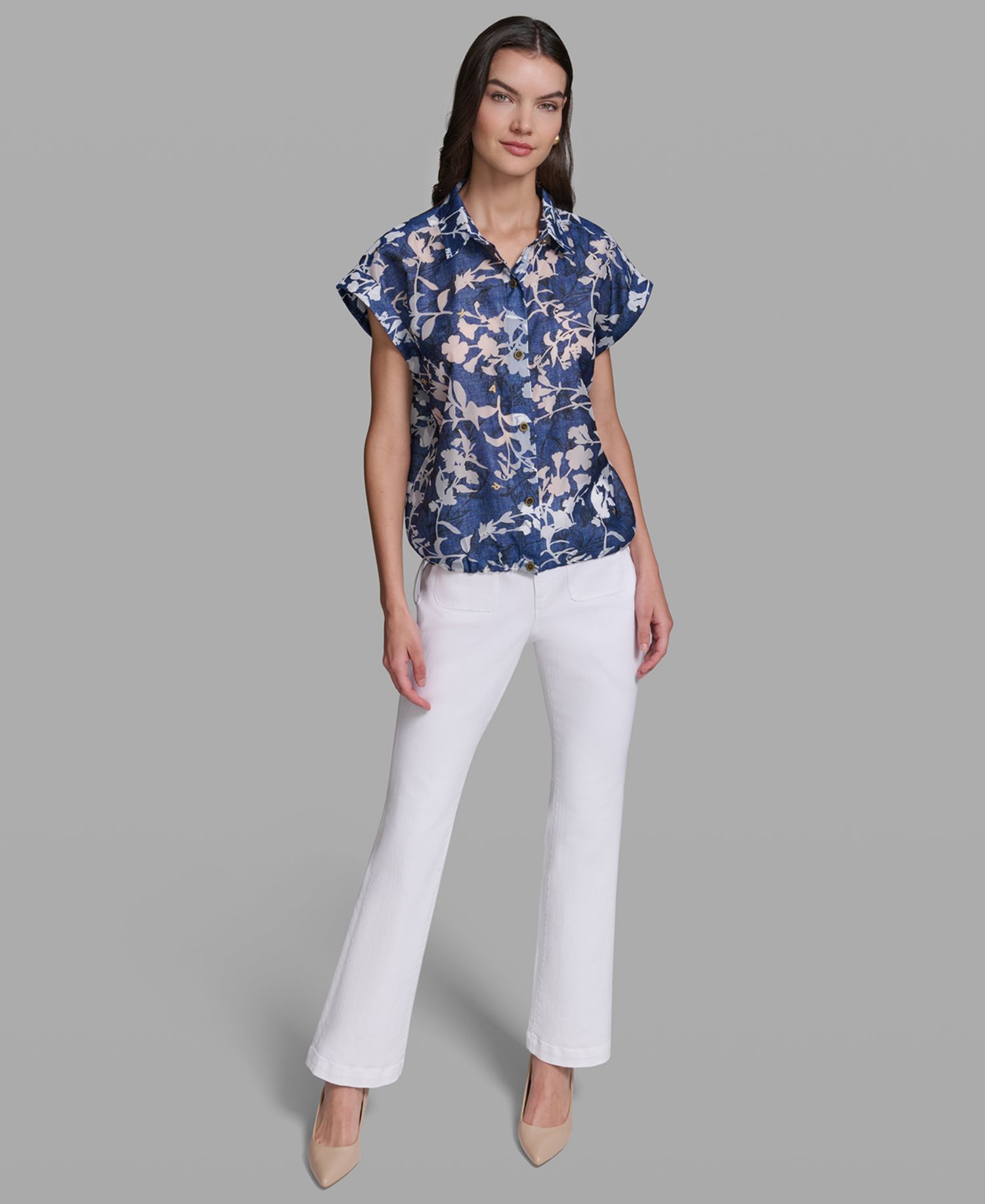 Petite Printed Collared Neck Bungee Top