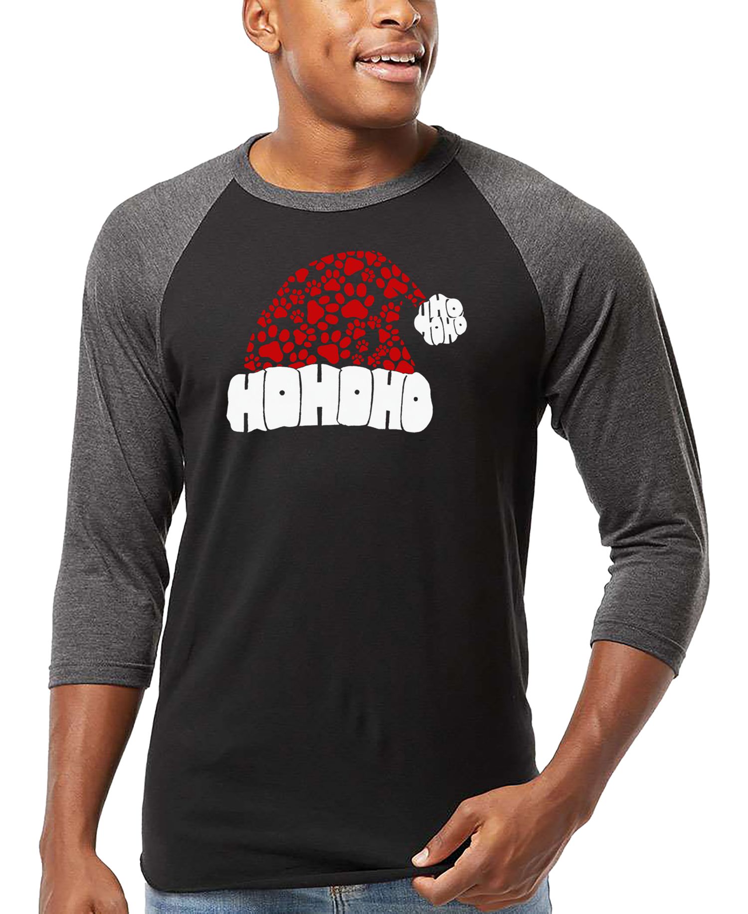 Men's Santa Hat Paw Print Word Art Raglan-Sleeve T-Shirt
