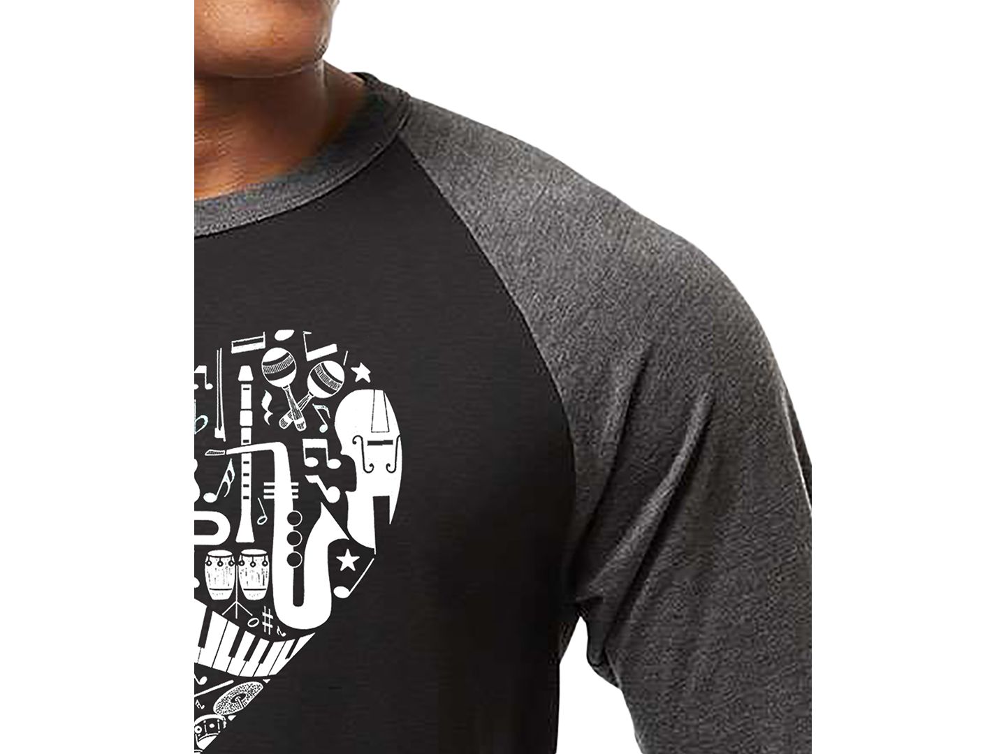 Мужская футболка LA Pop Art Music Instruments Heart Word Art Raglan-Sleeve, цвет: Чёрный / Серый — фото 2