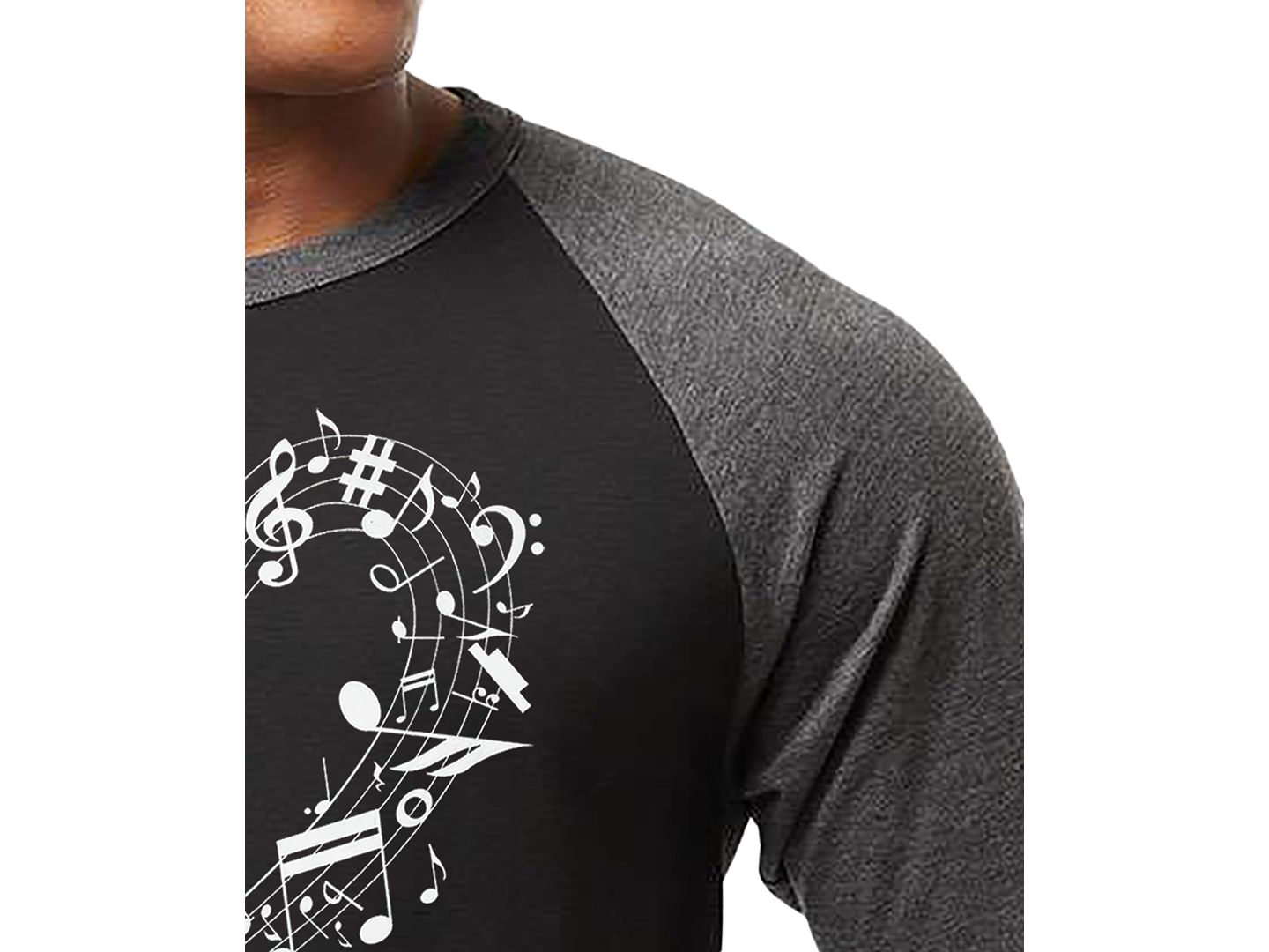 Мужская футболка LA Pop Art Music Notes Heart Word Art Raglan-Sleeve, цвет: Чёрный / Серый — фото 2