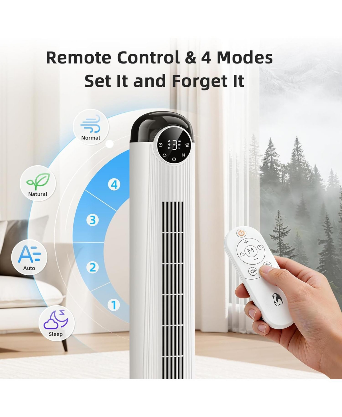 Antarctic Star 42-Inch Quiet Oscillating Tower Fan with Remote and Washable Grille