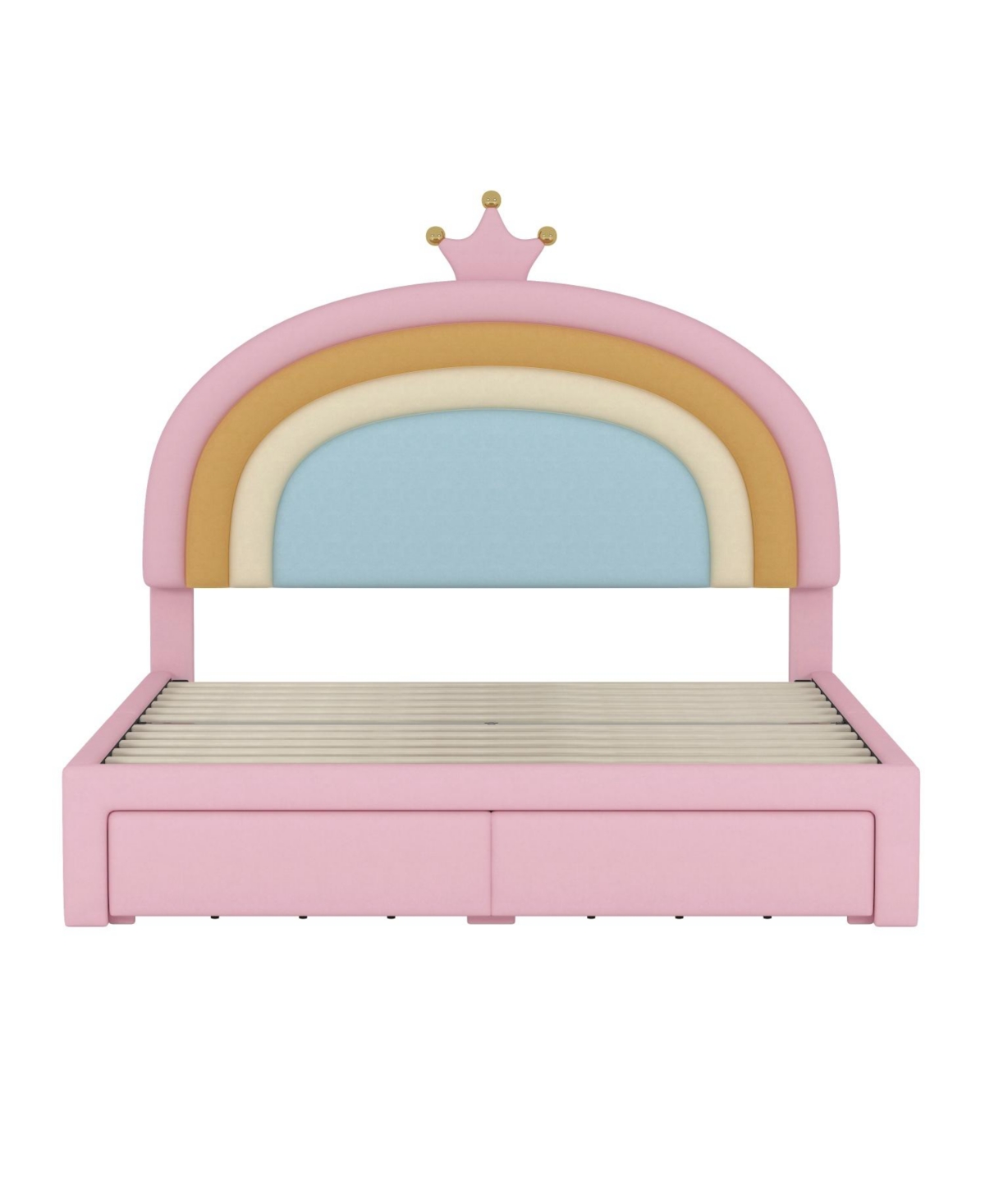 Rainsken Upholstered Kids Bed Frame with Drawer, Rainbow Design Platform Bed, Velvet Princess Bed, No Box-Spring Needed