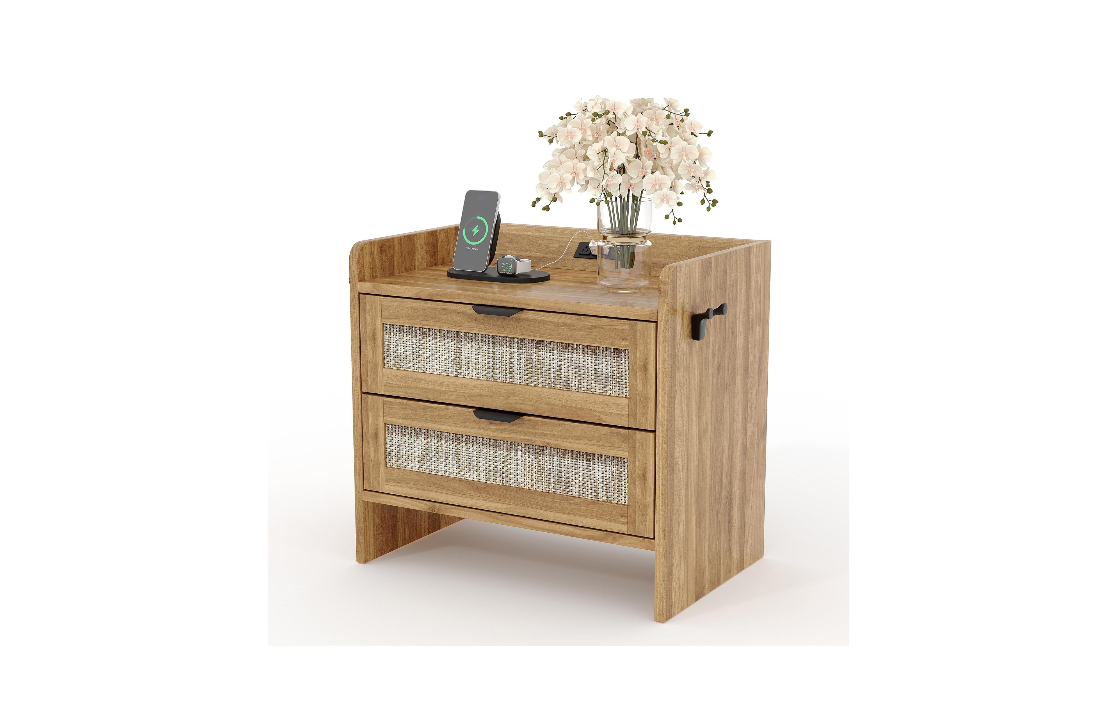 gaomon Adults 2-Drawer Rattan Nightstand - Wood Bedside Table for Bedroom Storage