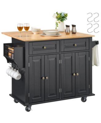 Kitchen Island Cart with 43" Wood Top, Storage Cabinet, Drop Leaf, Adjustable Shelf, Drawer, Spice Rack, Towel Bar, Hooks, Black