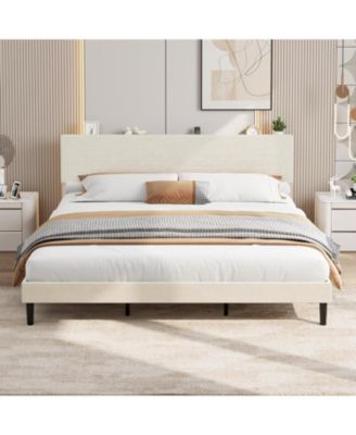 Bed Frame with USB Charging Station, Corduroy Upholstered Platform Bed Frame with Adjustable Storage Headboard, Wooden Slats Support