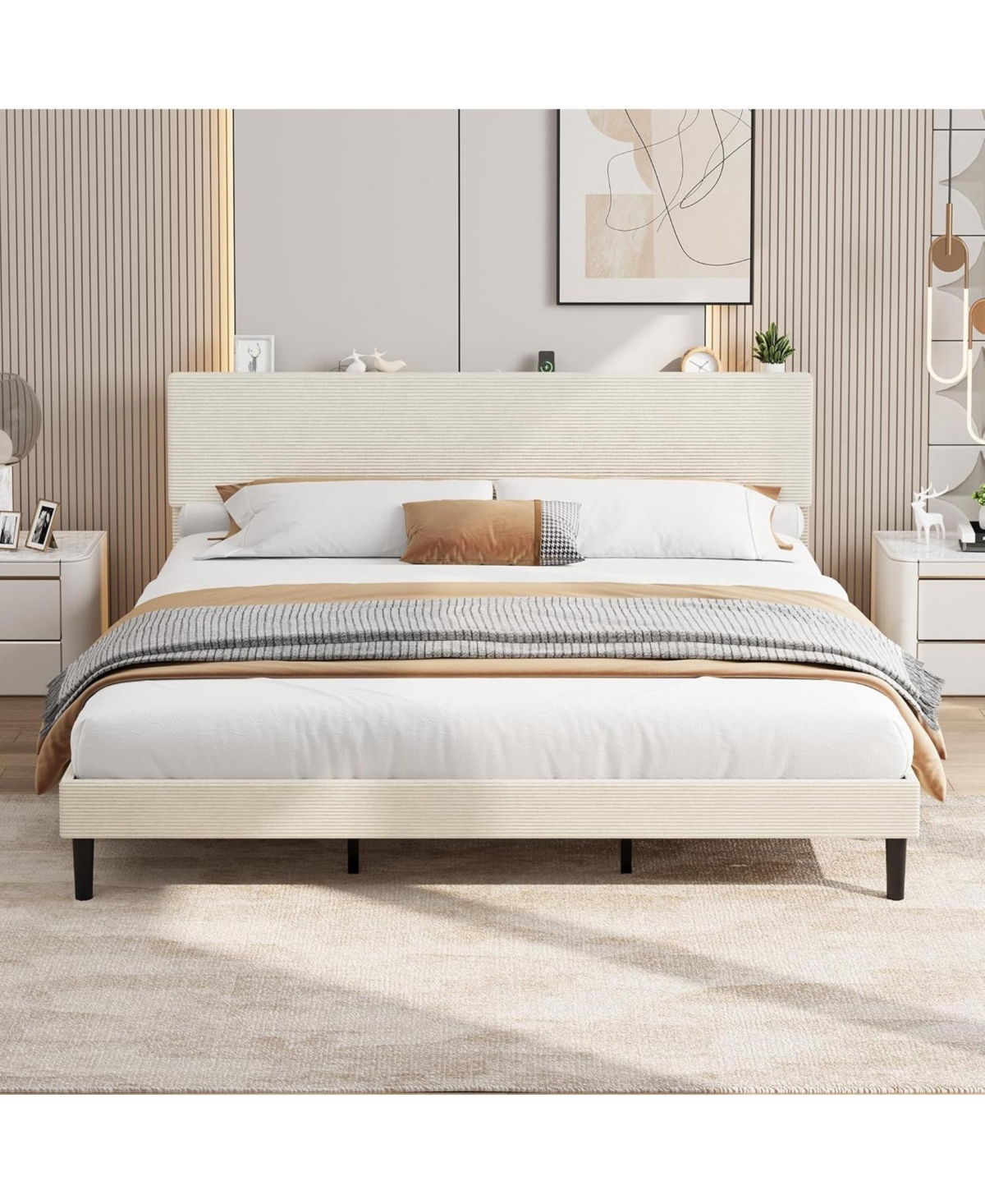 gaomon Bed Frame with Usb Charging Station, Corduroy Upholstered Platform Adjustable Storage Headboard