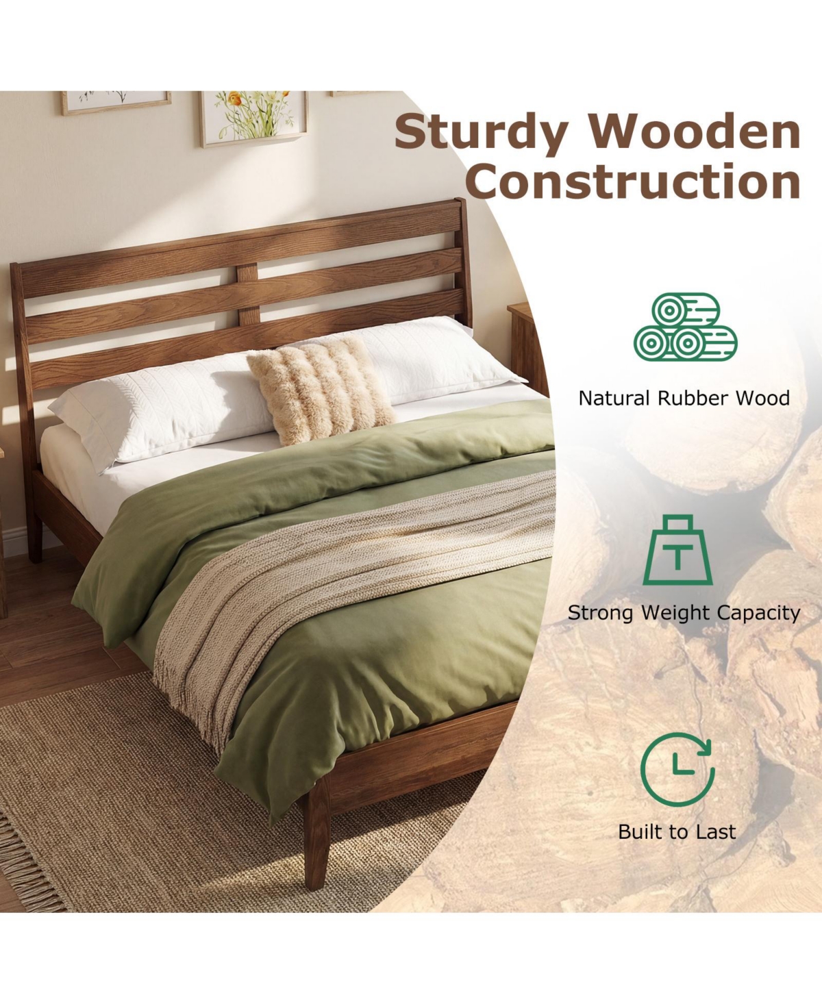 Slickblue Wooden Platform Bed Frame with Slatted Headboard