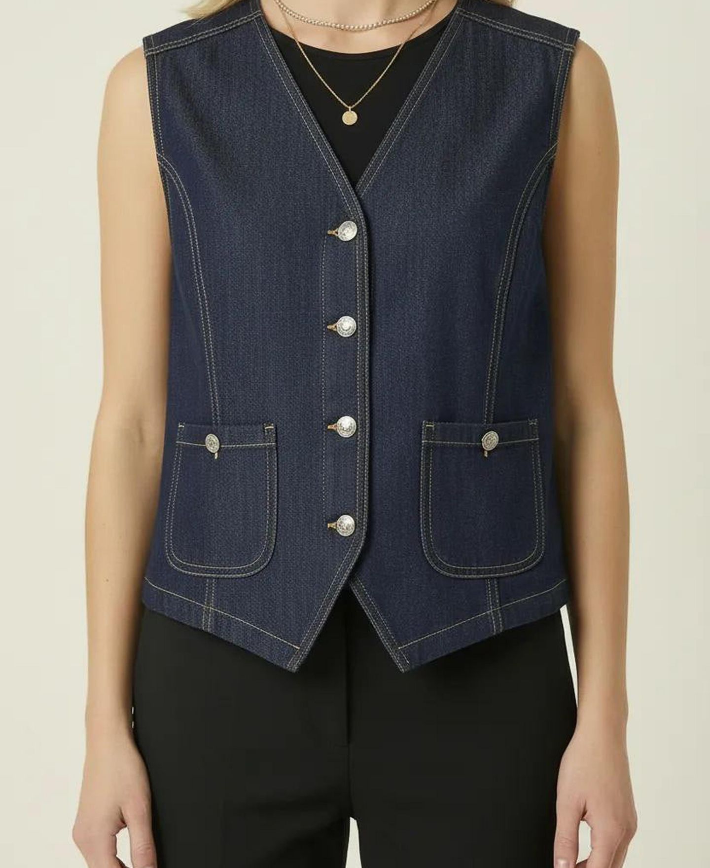 Женский жилет Modenaire Denim Button-Front Patch Pocket, цвет: Тёмный индиго — фото 4