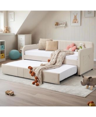 Twin Daybed with Trundle, Velvet Upholstered Sofa Bed Frame with USB Port, Side Pockets and Wood Slat Support for Living Room