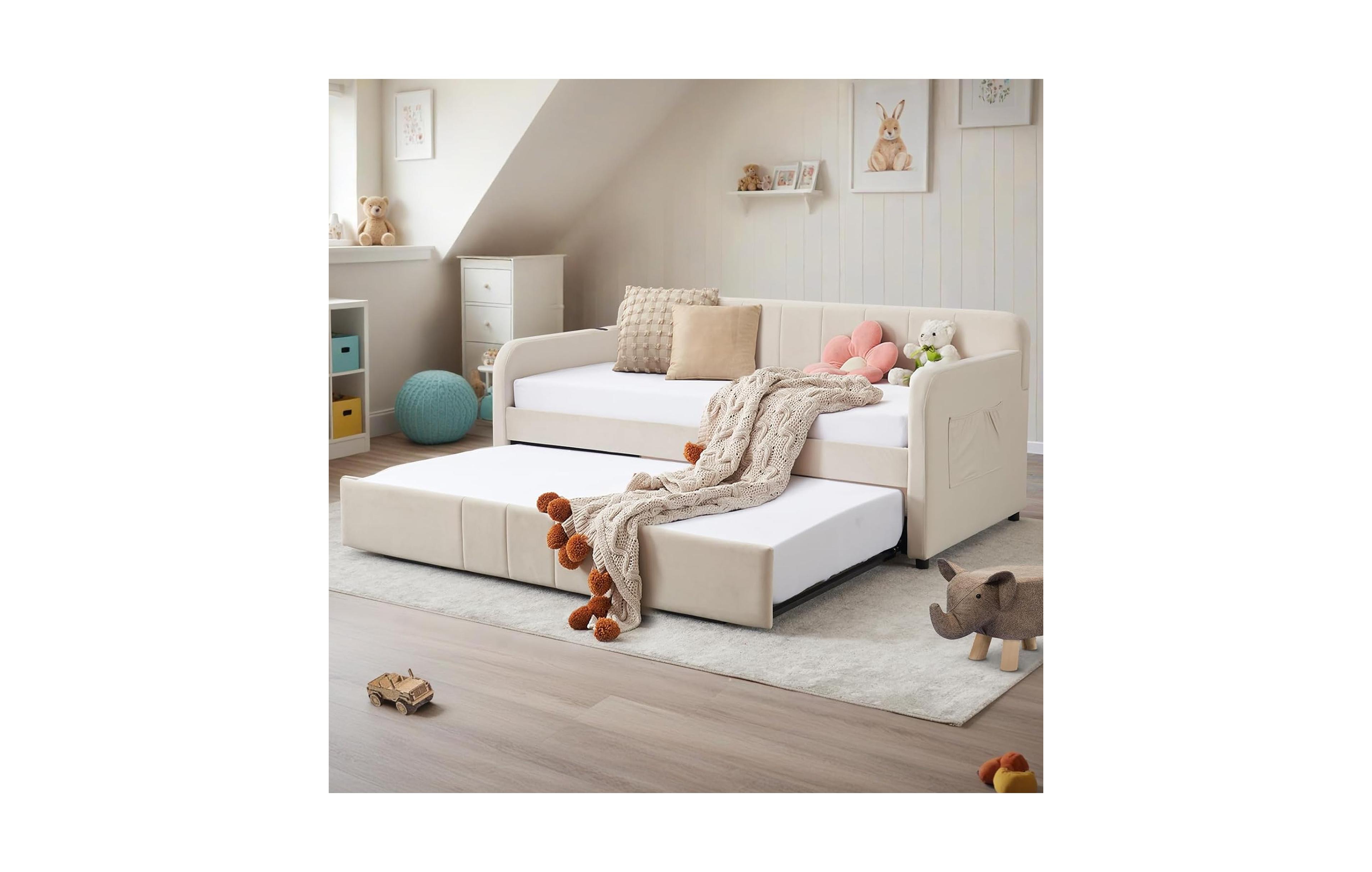 Rainsken Twin Daybed with Trundle, Velvet Upholstered Sofa Bed Frame Usb Port, Side Pockets and Wood Slat Support for Living Room
