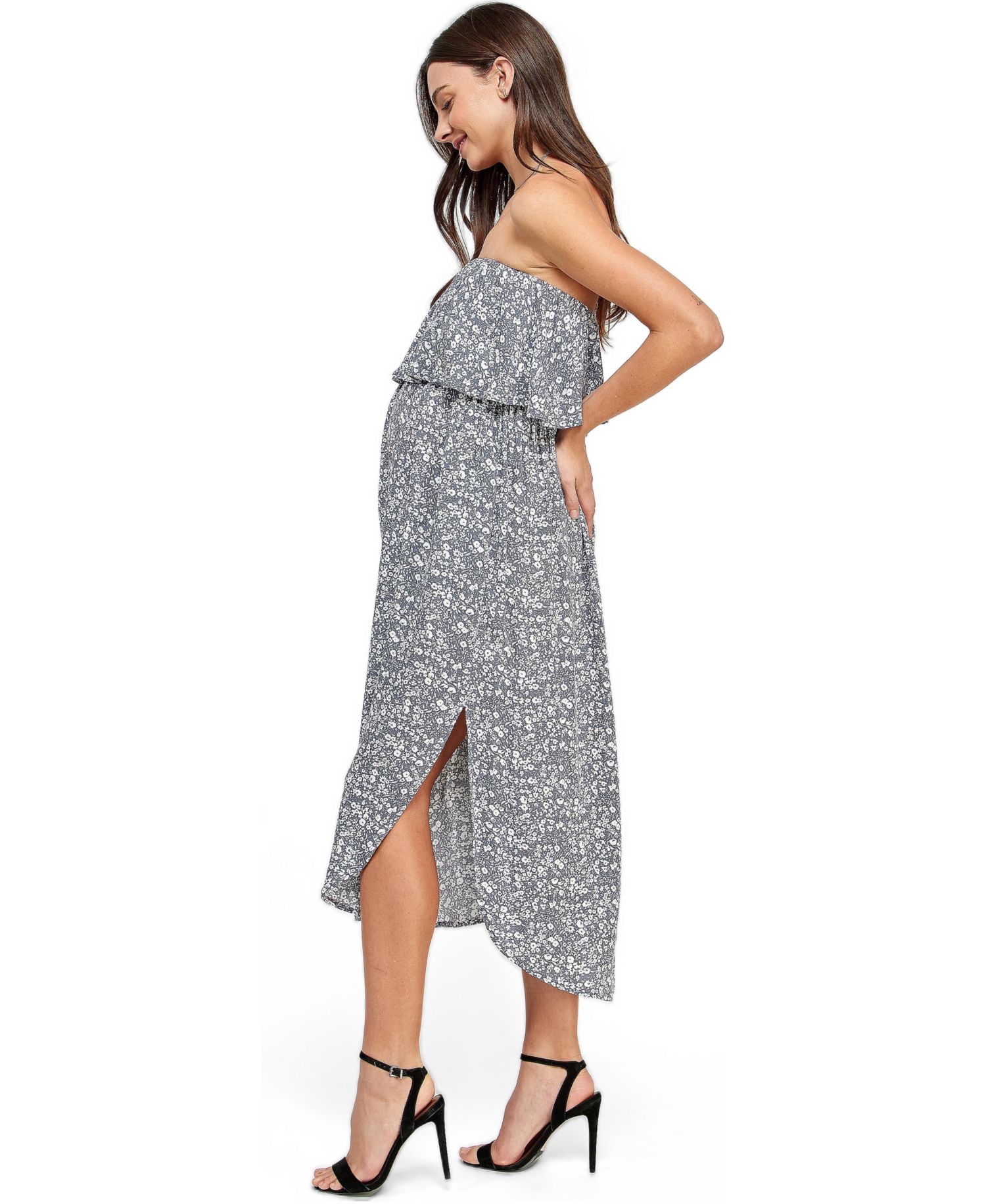 Women's Floral Strapless Ruffle Overlay Midi Dress with Side Slit