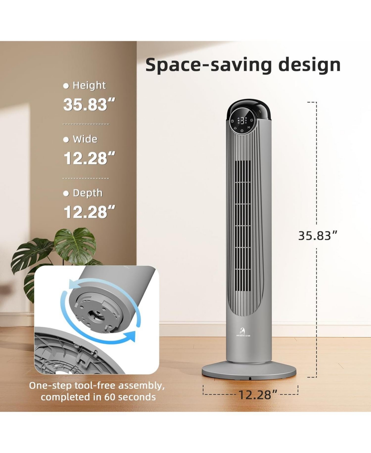 Antarctic Star 36-Inch Quiet Oscillating Tower Fan with Remote and Washable Grille