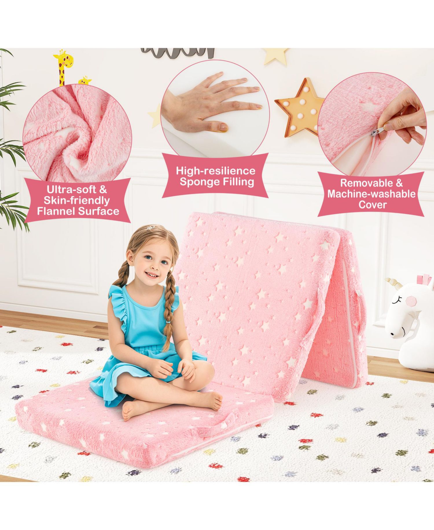 Foldable Floor Mattress for Kids with Washable Cover