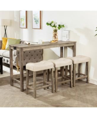 Bar Table and Chairs Set of 4, Industrial Bar Height Dining Table Set with 3 Padded Stools and Power Outlet for Living Room