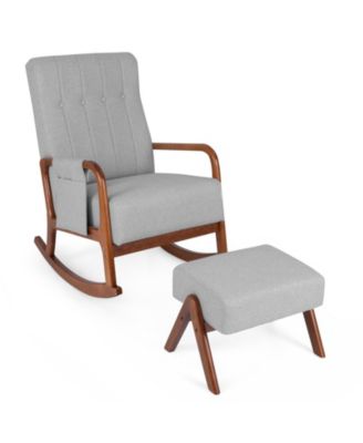 Wooden Rocking Chair with Ottoman Set, Padded Cushion and Solid Rubber Wood Frame