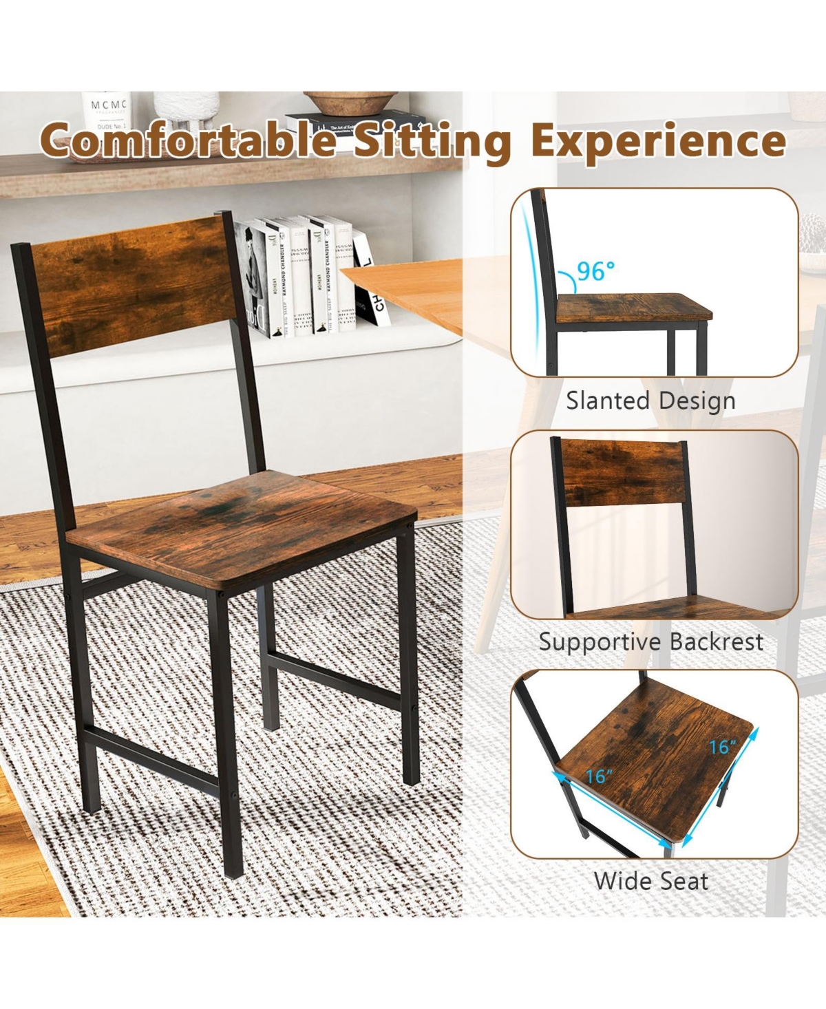 Slickblue Set of 2 Industrial Dining Side Chairs with Metal Frame and Slanted Back Support