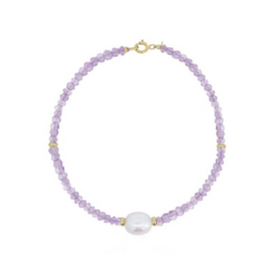 Amethyst Bead Pearl Bracelet 14K Yelow Gold