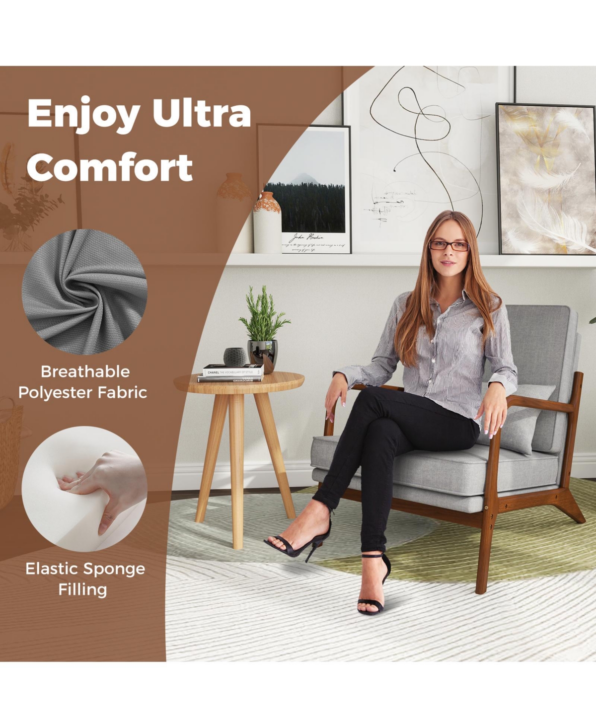 Slickblue Modern Upholstered Accent Chair with Rubber Wood Arms and Removable Backrest
