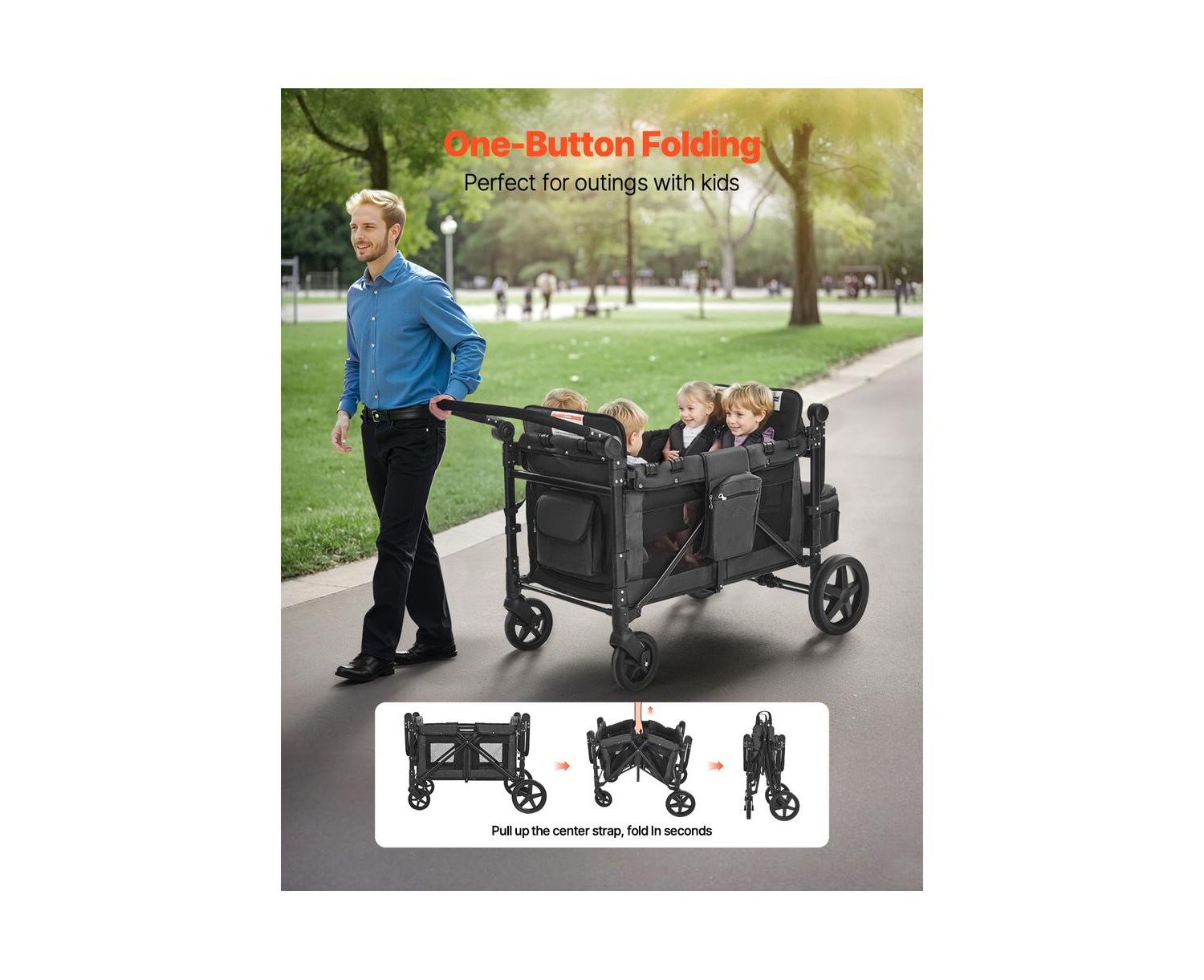 4 Seat Wagon Stroller 330 lb Foldable Push Pull with Canopy