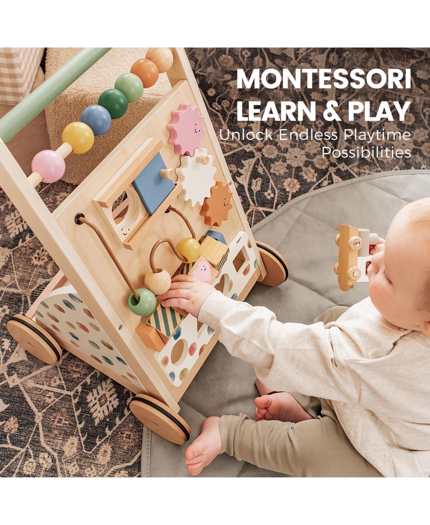 Versatile Montessori-Inspired Wooden Baby Walker Activity Center