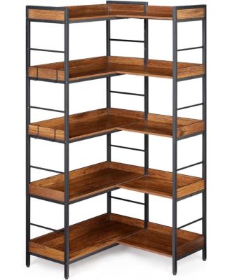 5-Tier Corner Bookshelf with 4 Hooks - Industrial Wooden Bookcase, Open Shelves and Metal Frame for Living Room, Bedroom, Home Office