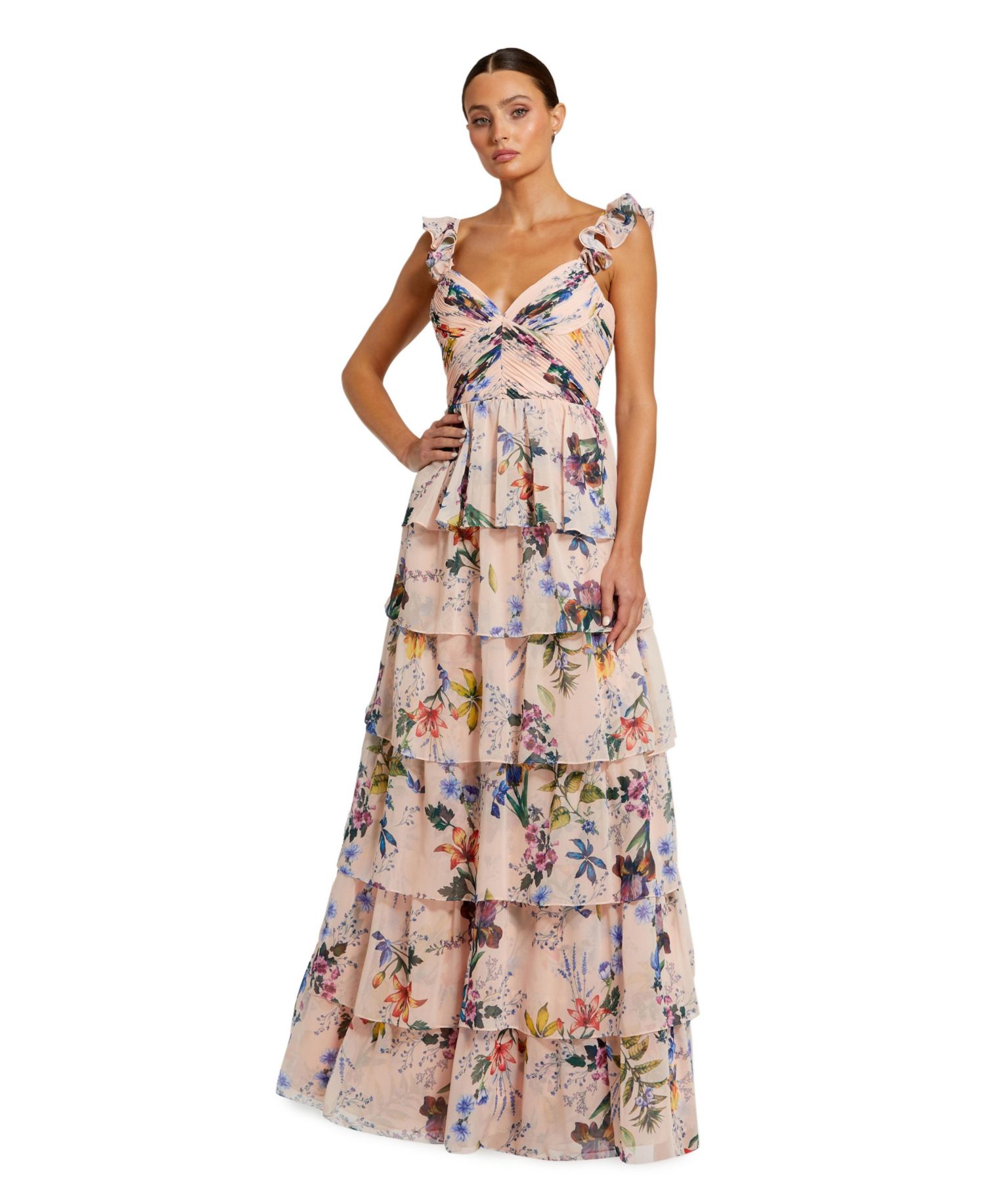Women's Ruffle Sleeveless Chiffon Tiered Floral Print Gown