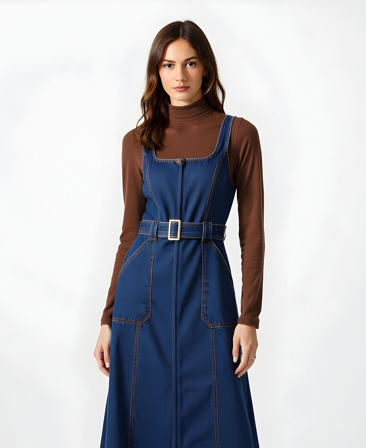 Modenaire Women's Square-Neck Zip-Front Denim Midi Dress with Belt view 5 — MAYCSS fashion products