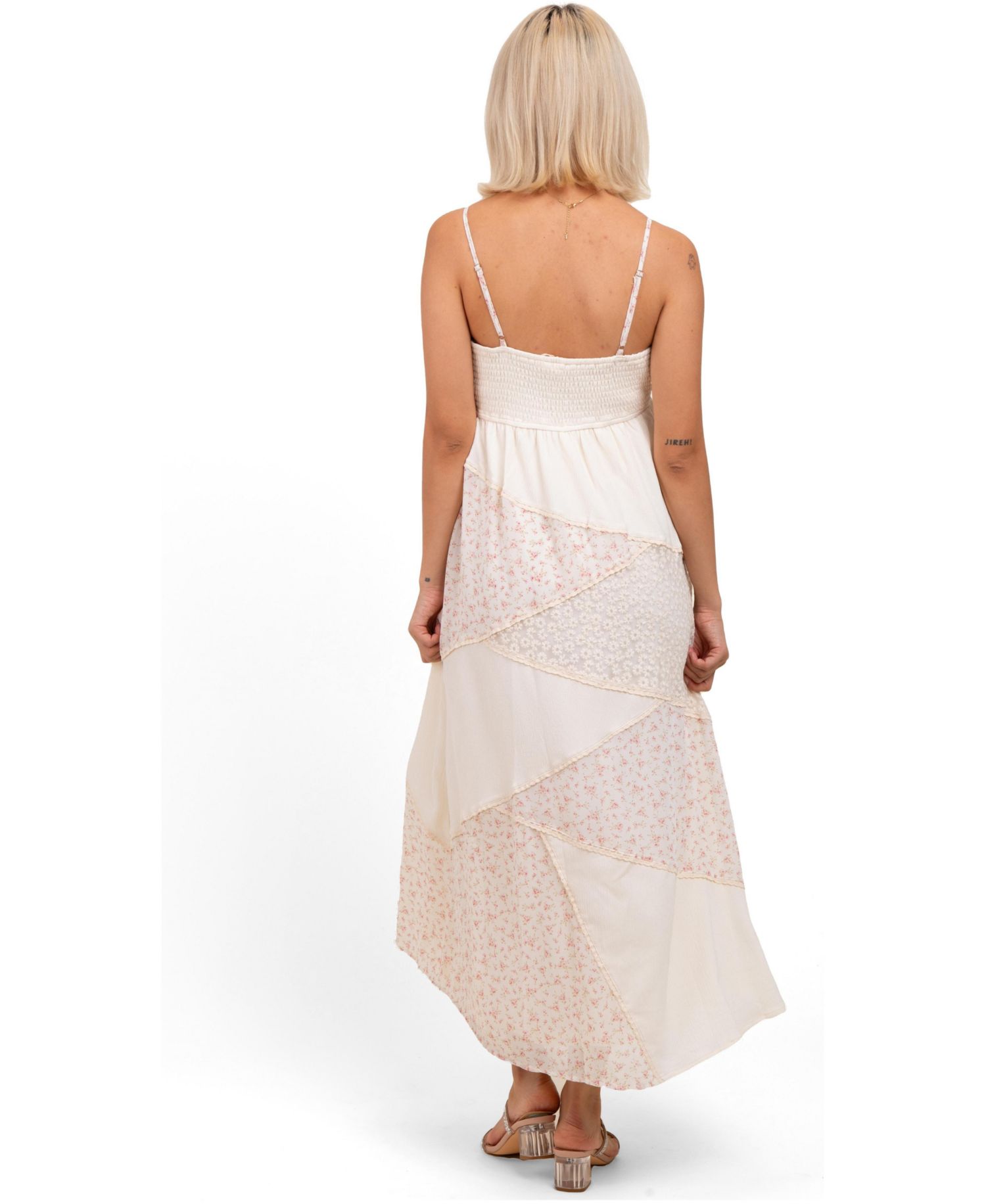 Women's Cream Floral Sweetheart Neck Midi Dress