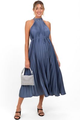 Maternity Navy Blue Pleated Halter Dress