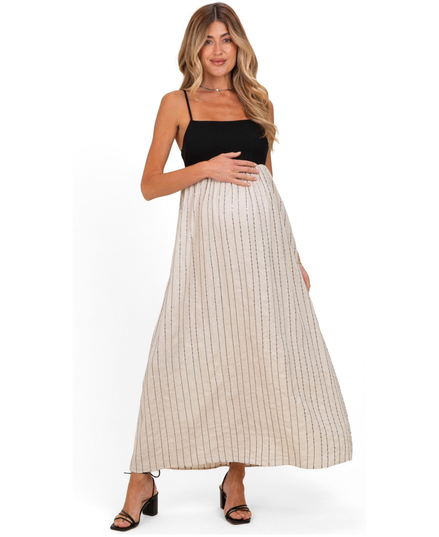 Women's Black White Striped and Colorblock Maxi Dress