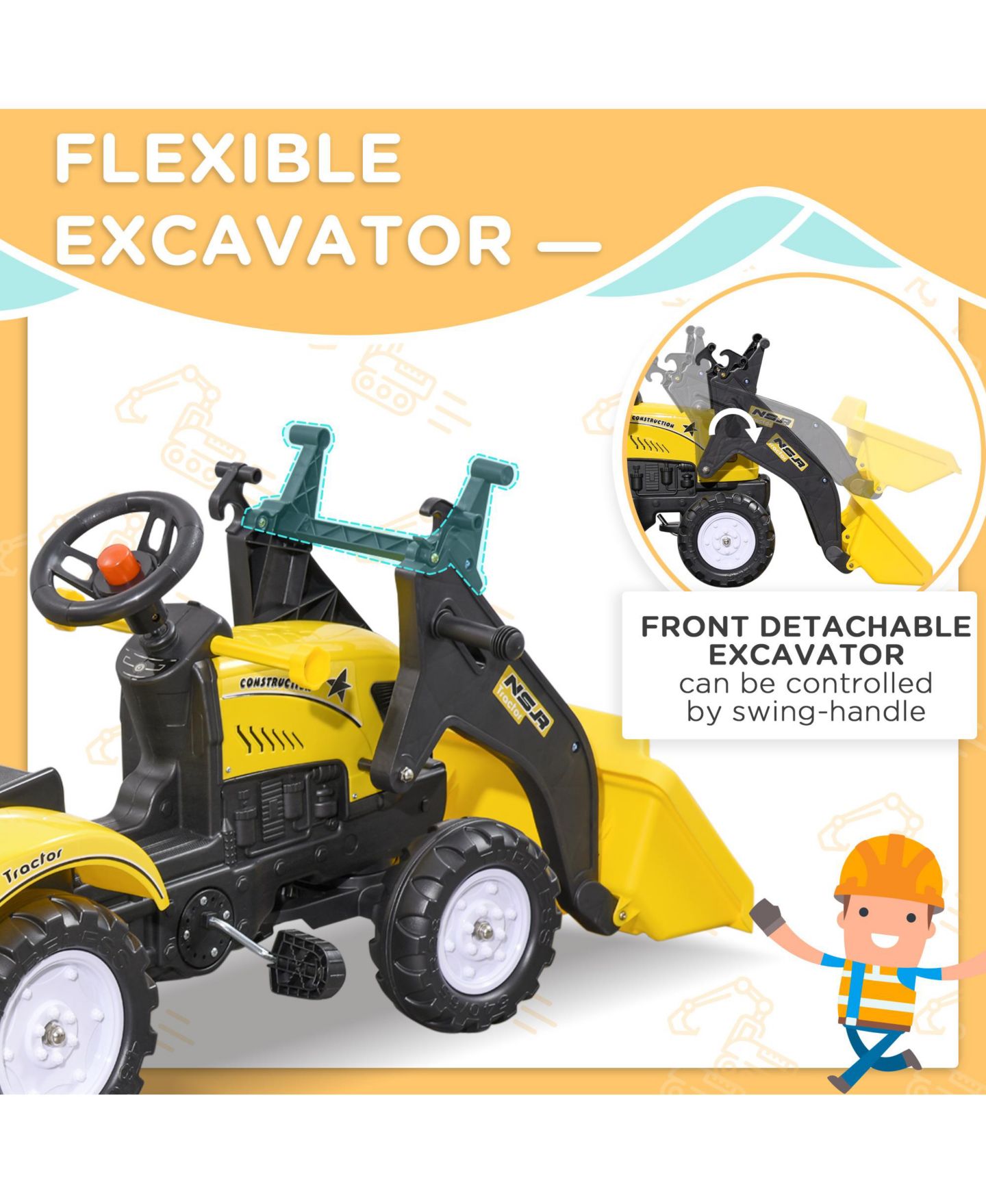 Детская игрушка Aosom Ride-On Kids Bulldozer with Working Dirt Bucket and Detachable Trailer, 77 lbs. Capacity, Ages 3+ — фото 5
