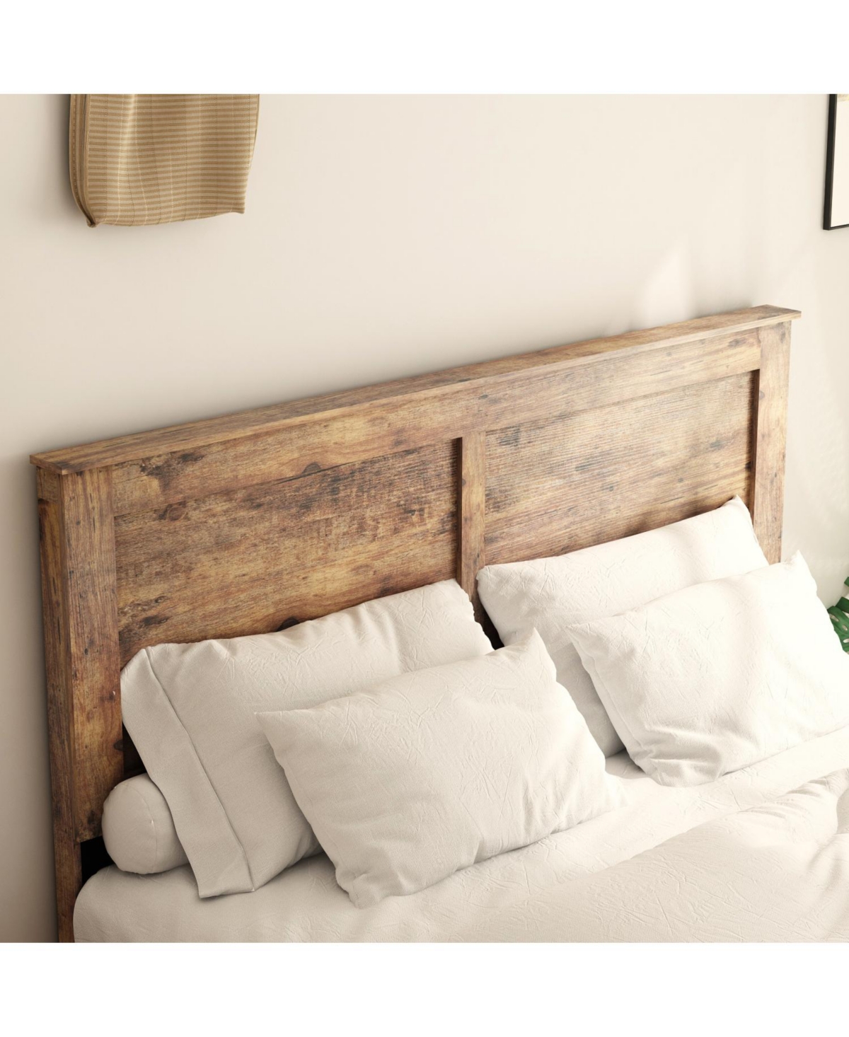 Rainsken Wood Bed Frame with Headboard, Rustic Farmhouse Platform Bed Frame, 12 Wood Slats Support, No Box Spring Needed