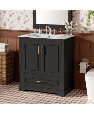 30 Inch  Bathroom Vanity with Ceramic Sink, Solid Wood Frame, Soft Close Doors, Drawer and Double Door Shelves