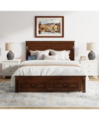 Queen Size Bed Frame, with 2 Storage Drawers and Tall Headboard, Built-In Charging Station and LED Lights