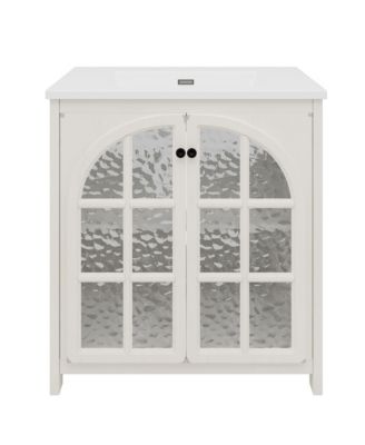 30 Inch Vintage Bathroom Vanity with Sink Rustic Cabinet Soft Close Doors Adjustable Shelf Curved Design Rubber Wood Legs Freestanding
