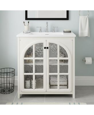31 Inch Vintage Bathroom Vanity with Ceramic Sink, Farmhouse Cabinet with Tempered Glass Doors and Soft-Close Storage
