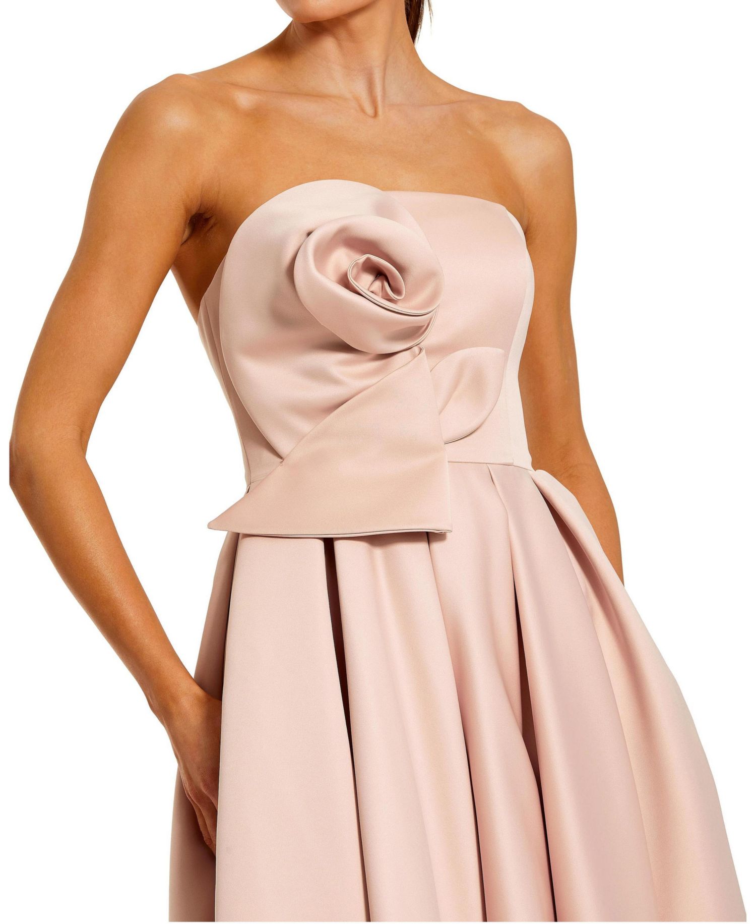 Women's Strapless Satin A Line Midi Dress With 3D Flower