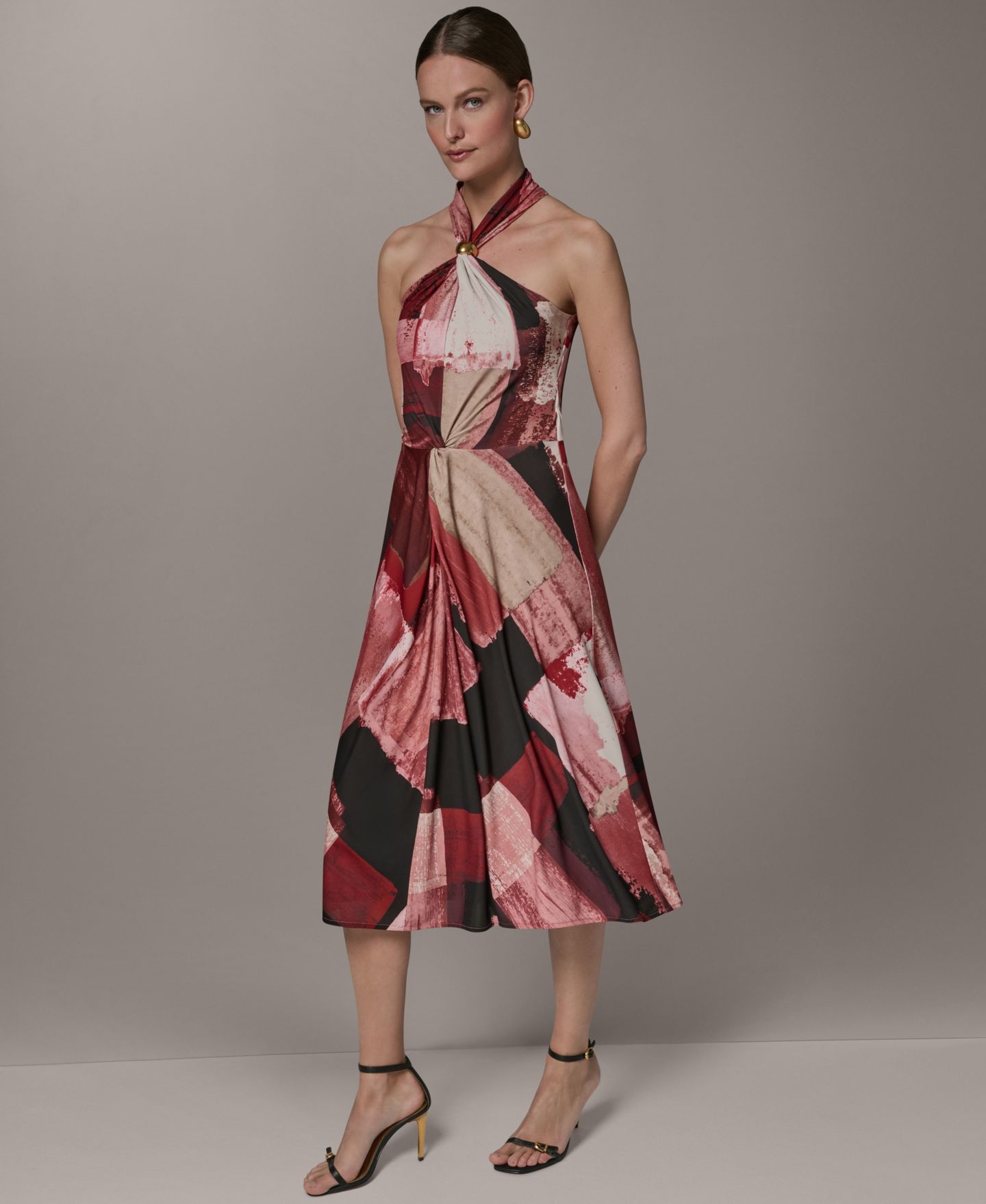 Женское платье Donna Karan New York Petite Geometric Printed Halter Neck Midi, цвет: Пустынный глиняный — фото 3