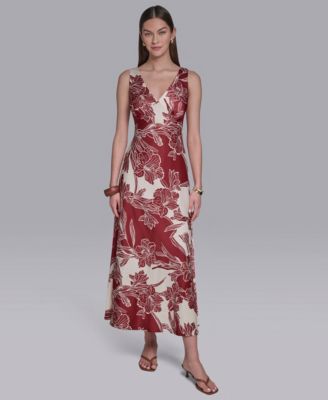 Women's Sleeveless Hibiscus Printed V-Neck Maxi Dress