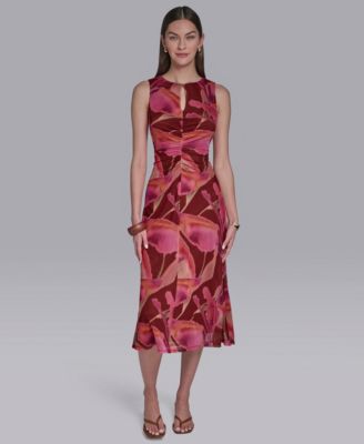 Women's Printed Crewneck Bodycon Keyhole Detail Midi Dress