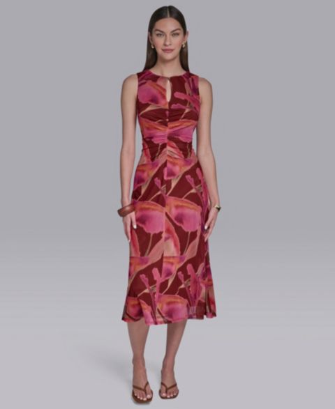 Женское платье Halston Printed Crewneck Bodycon Keyhole Detail Midi, цвет: Коньячный разноцветный