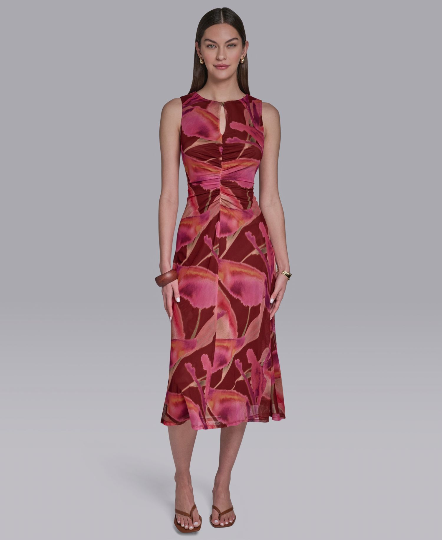 Women's Printed Crewneck Bodycon Keyhole Detail Midi Dress