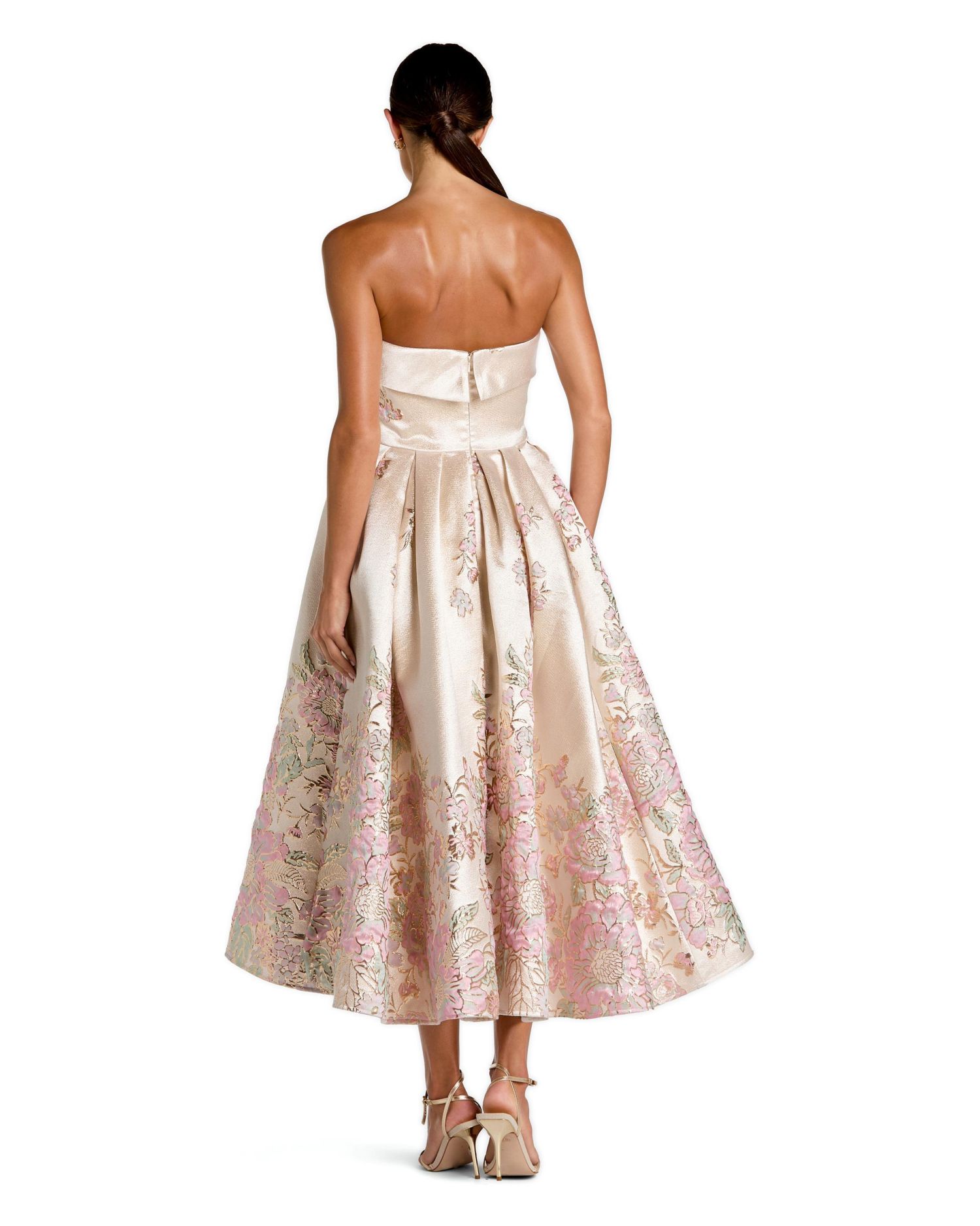 Women's Floral Strapless Brocade A Line Midi Dress