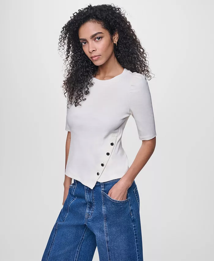 Women's Asymmetric Hemline Puff Elbow-Sleeve Top - thumbnail 3